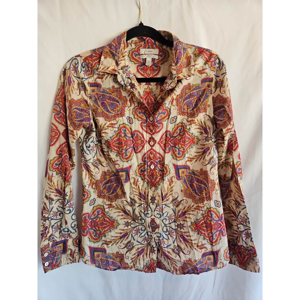 J.Crew Perfect Fit Button Front Shirt Womens 2 Paisley Long Sleeve Cotton Blouse